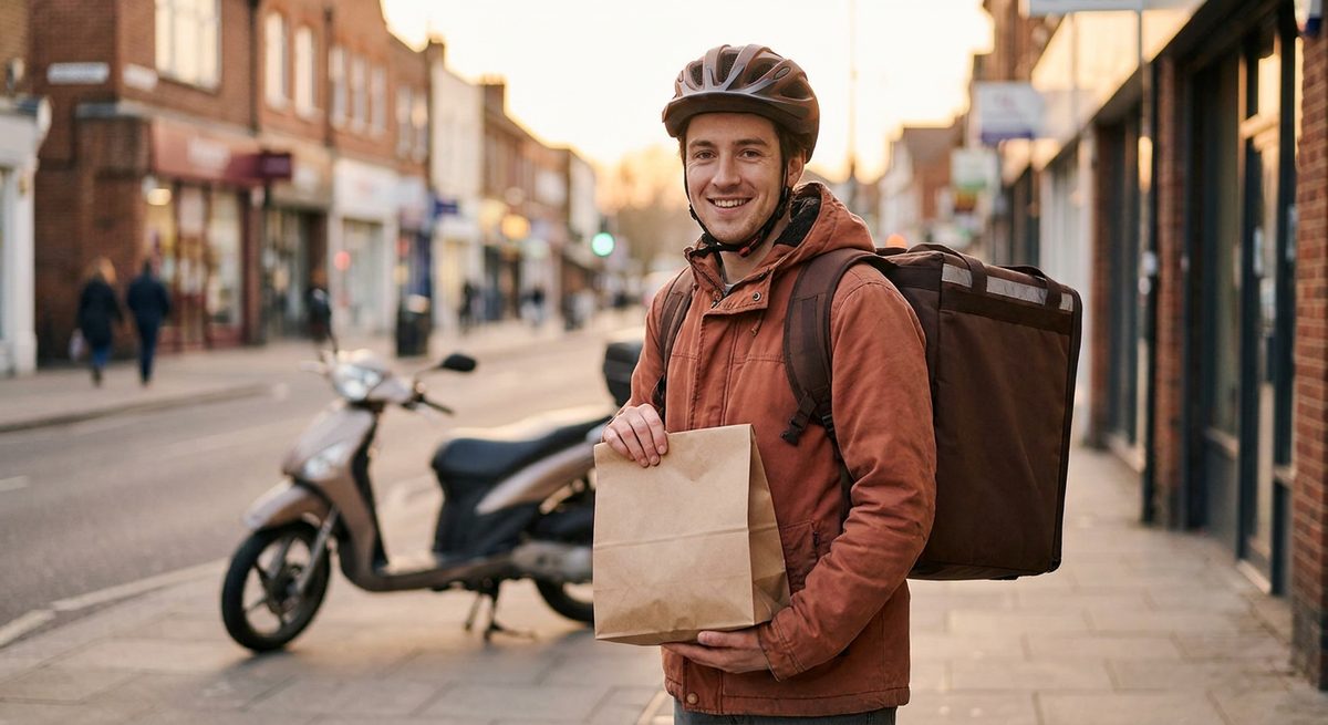 A BigMunchy delivery courier on a Walsall high street, holding a takeaway bag